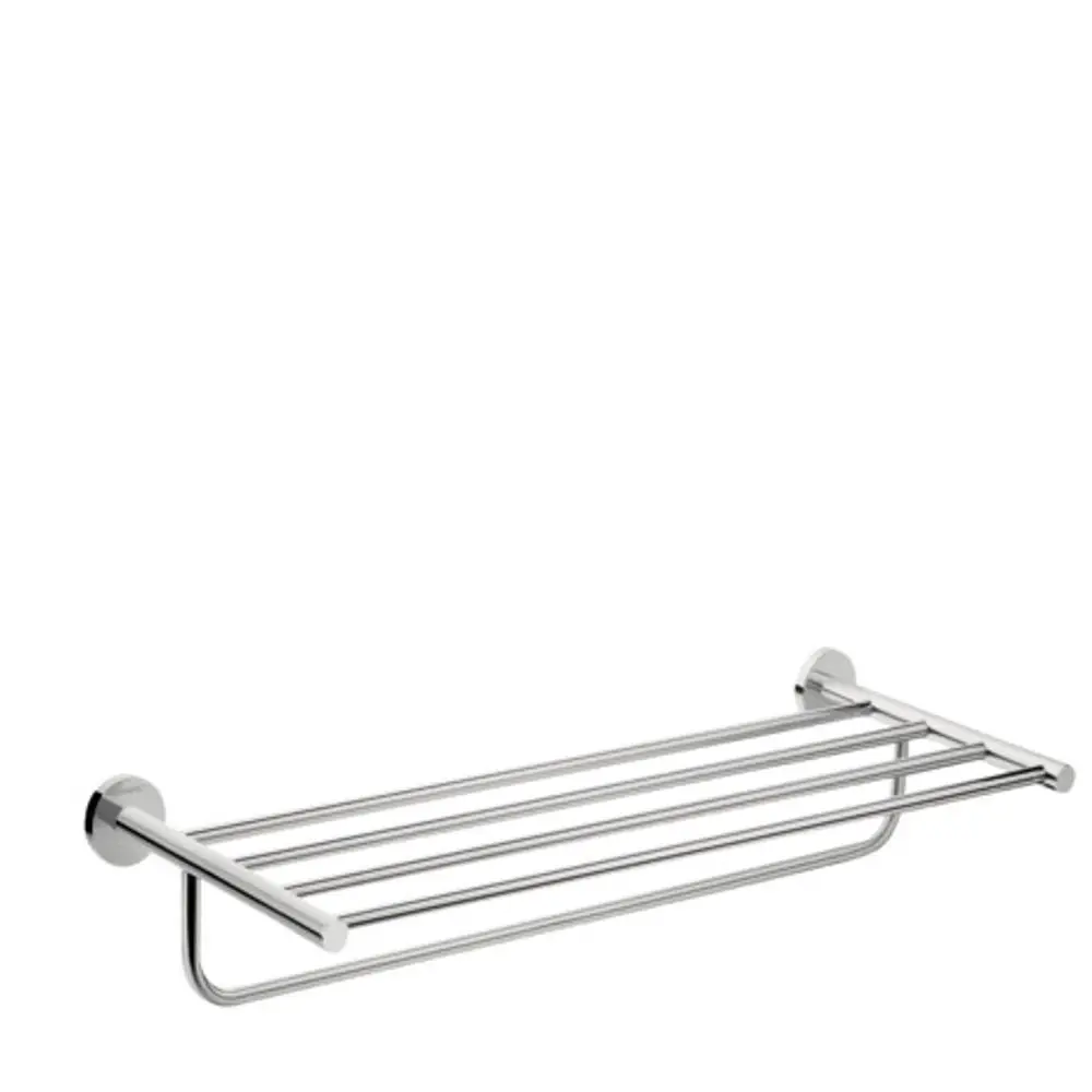 Hansgrohe Handtuchablage aus verchromtem Metall mit mehreren horizontalen Stangen, montiert an zwei tragenden Wandbefestigungen.